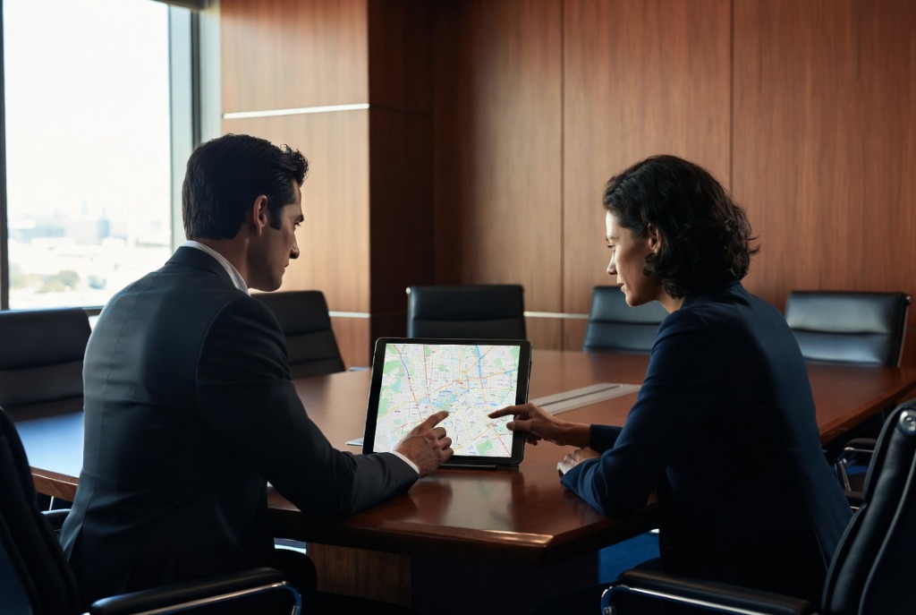 Two business professionals reviewing local geographic targets on a tablet map in a conference room