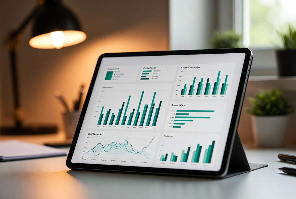 Business analytics dashboard showing lead generation and organic growth statistics on a tablet screen