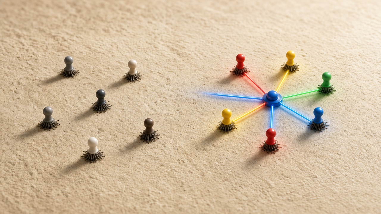 Split view of scattered unlinked search pins versus a tight connected topic cluster