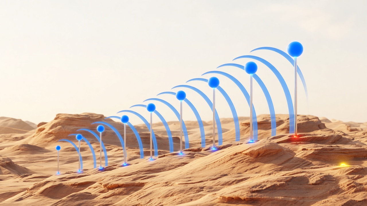 Rising search radar pins and cobalt growth arcs across a bright sandstone map