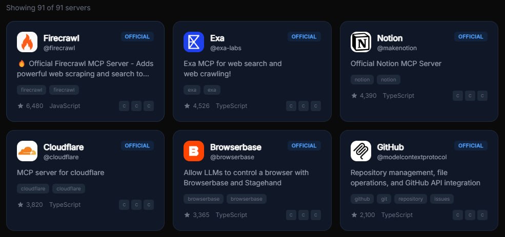 VePrompts MCP category breakdown showing Developer Tools with top 3 servers by GitHub stars
