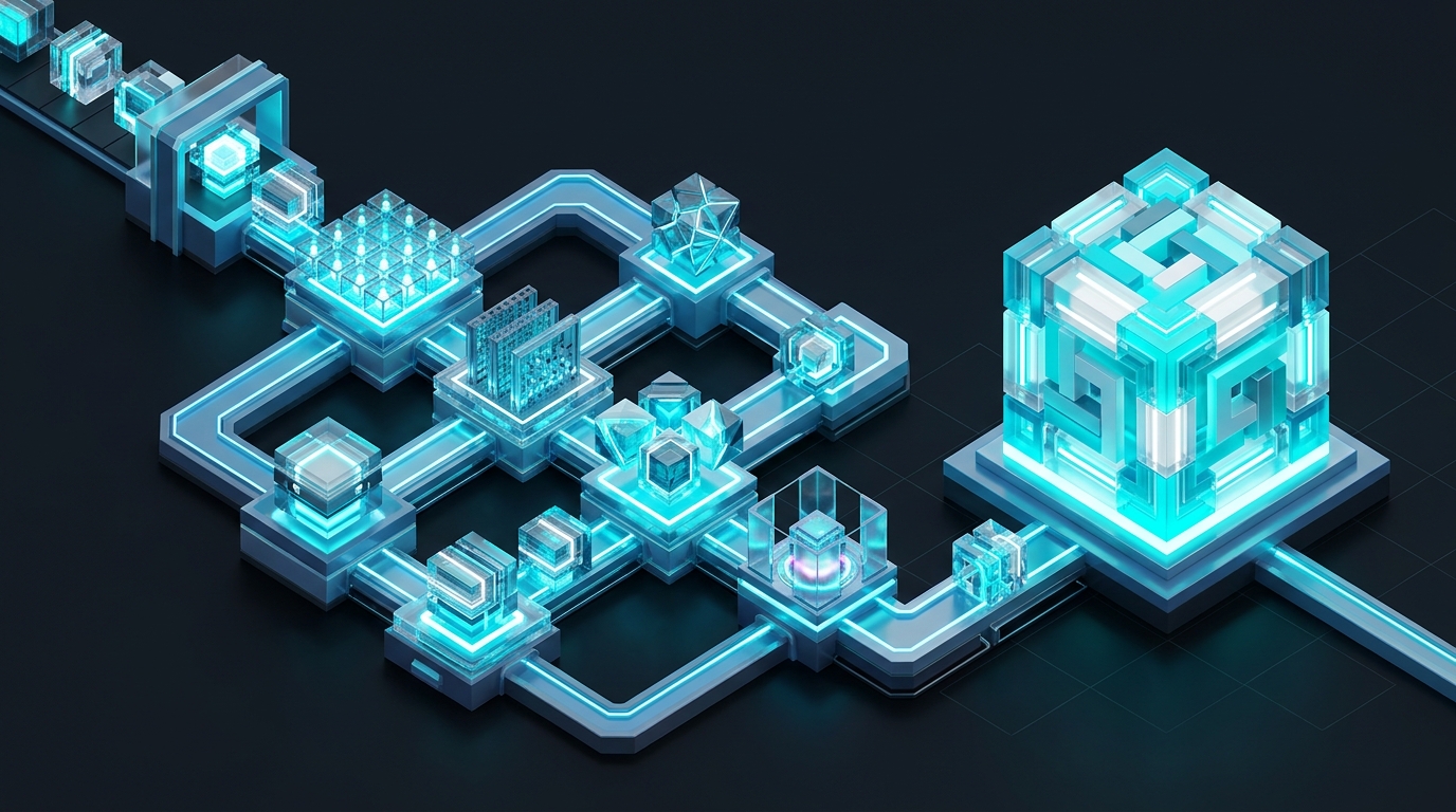 Abstract isometric digital visualization of a compliance evaluation pipeline with interlocking modular standard blocks in charcoal and cyan, no text labels