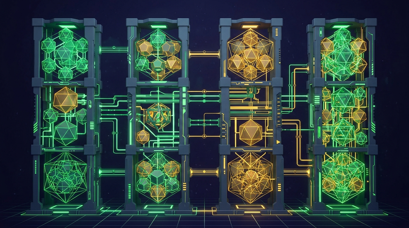 Abstract comparative technical diagram of four illuminated geometric polyhedra arrays representing accessibility standard editions, no text labels