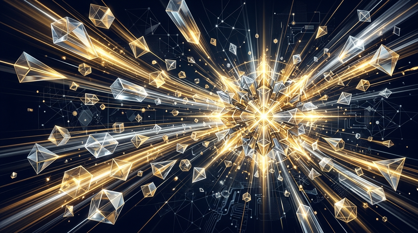 Abstract visualization of enterprise procurement deal acceleration with geometric prisms radiating in gold and platinum, no text labels