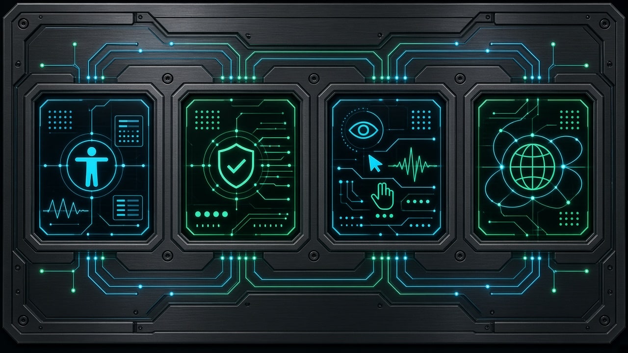 An abstract sleek industrial comparison of four illuminated template panels showing different conformance standards on a dark titanium surface