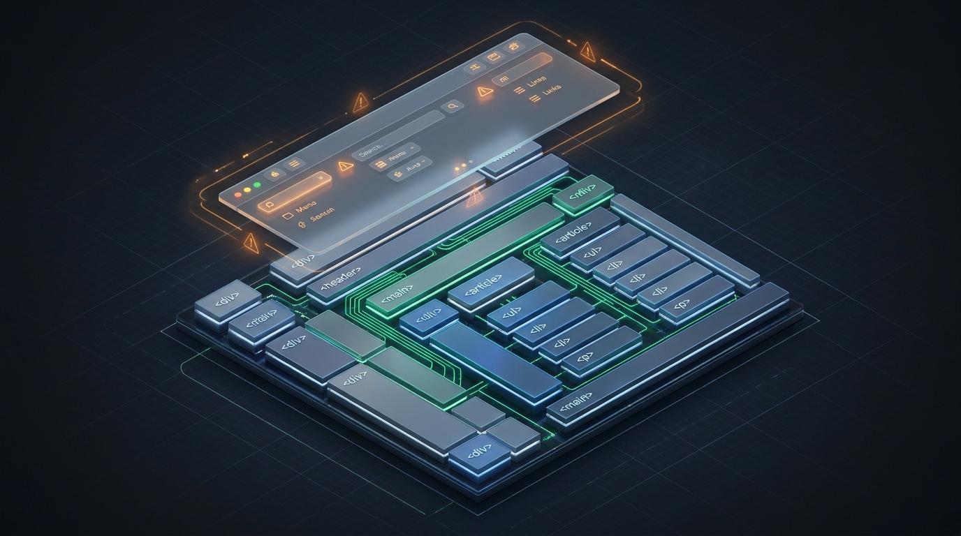 3D isometric diagram of website DOM architecture showing a detached floating accessibility overlay widget failing to reach underlying HTML
