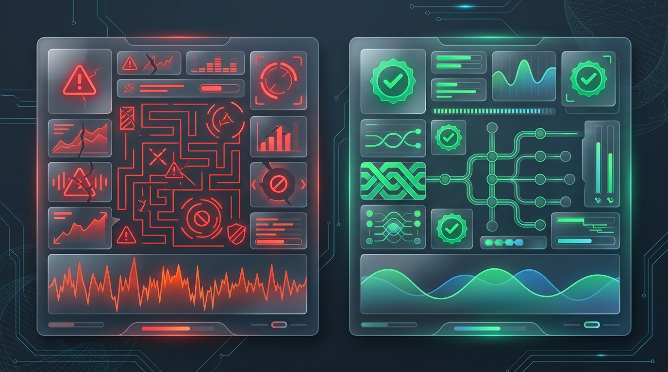 Dual glassmorphic developer telemetry inspection HUD panels comparing failed overlay injection alerts against verified green WCAG audit checkmarks