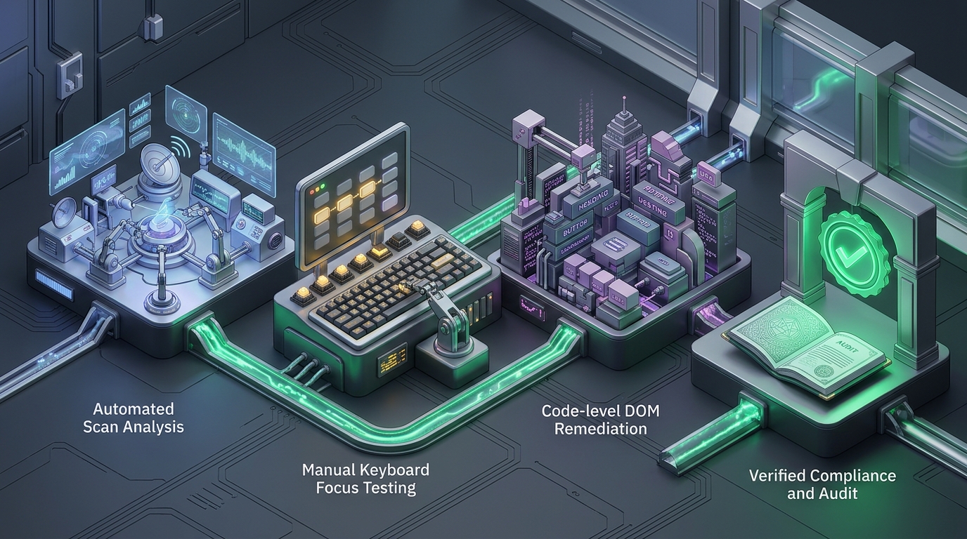 3D isometric technical pipeline illustrating a four-stage digital accessibility defense roadmap from automated scan analysis to verified audit certification