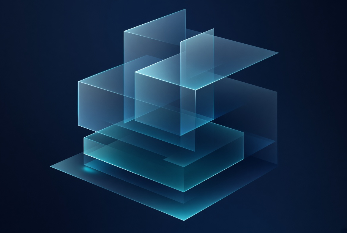 Abstract visual representing semantic HTML structure, using layered translucent blocks, deep navy background, no text labels