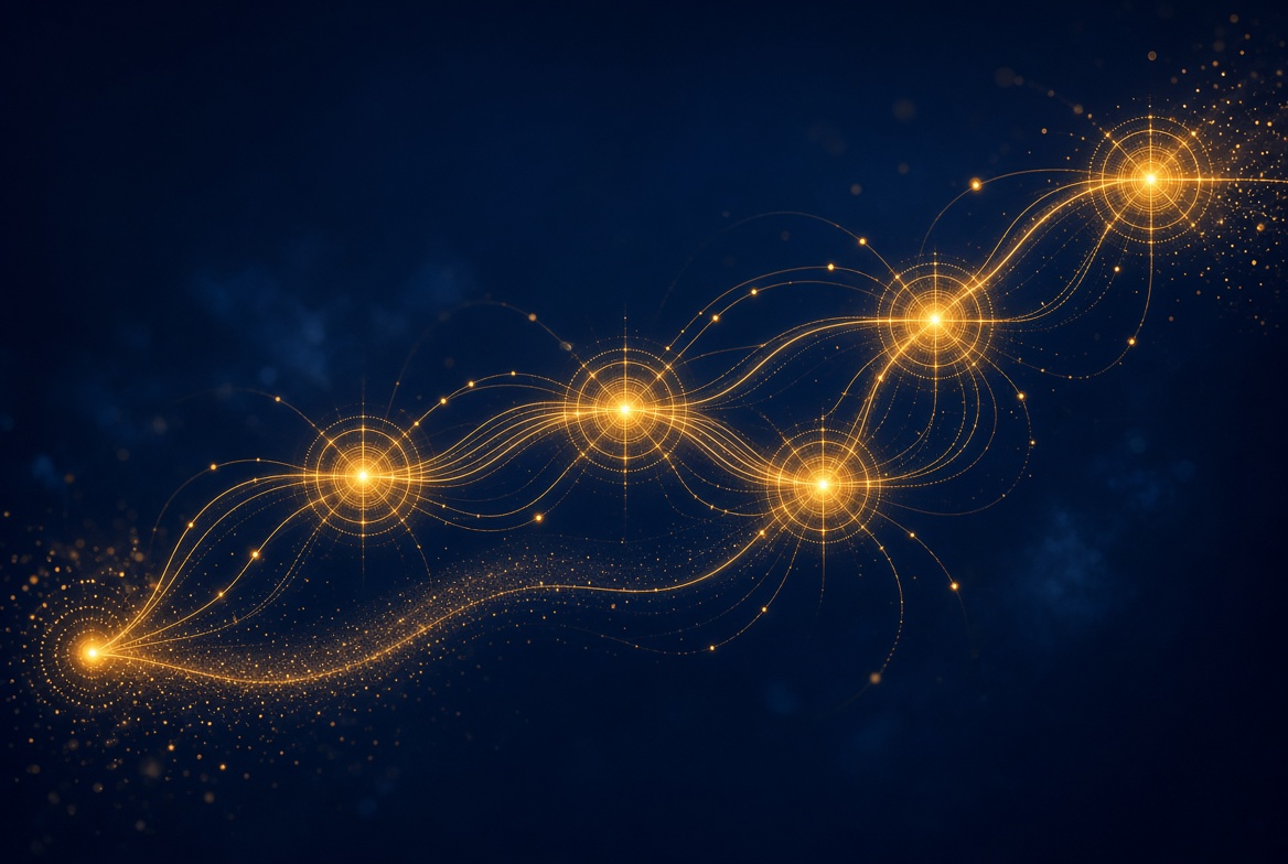 Abstract visualization of keyboard focus pathways, glowing amber nodes connecting, deep navy background, no text labels