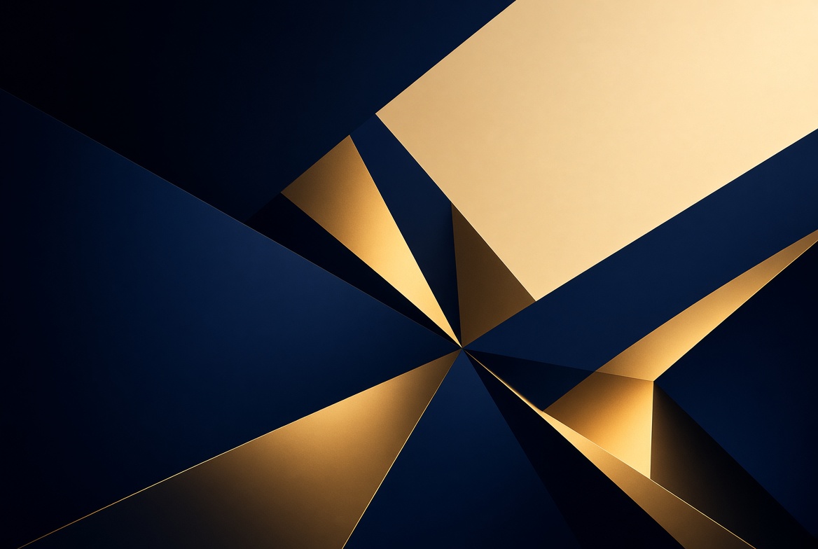 Abstract visual showing high contrast geometric divisions, sharp transitions from dark to light, deep navy and warm amber, no text labels