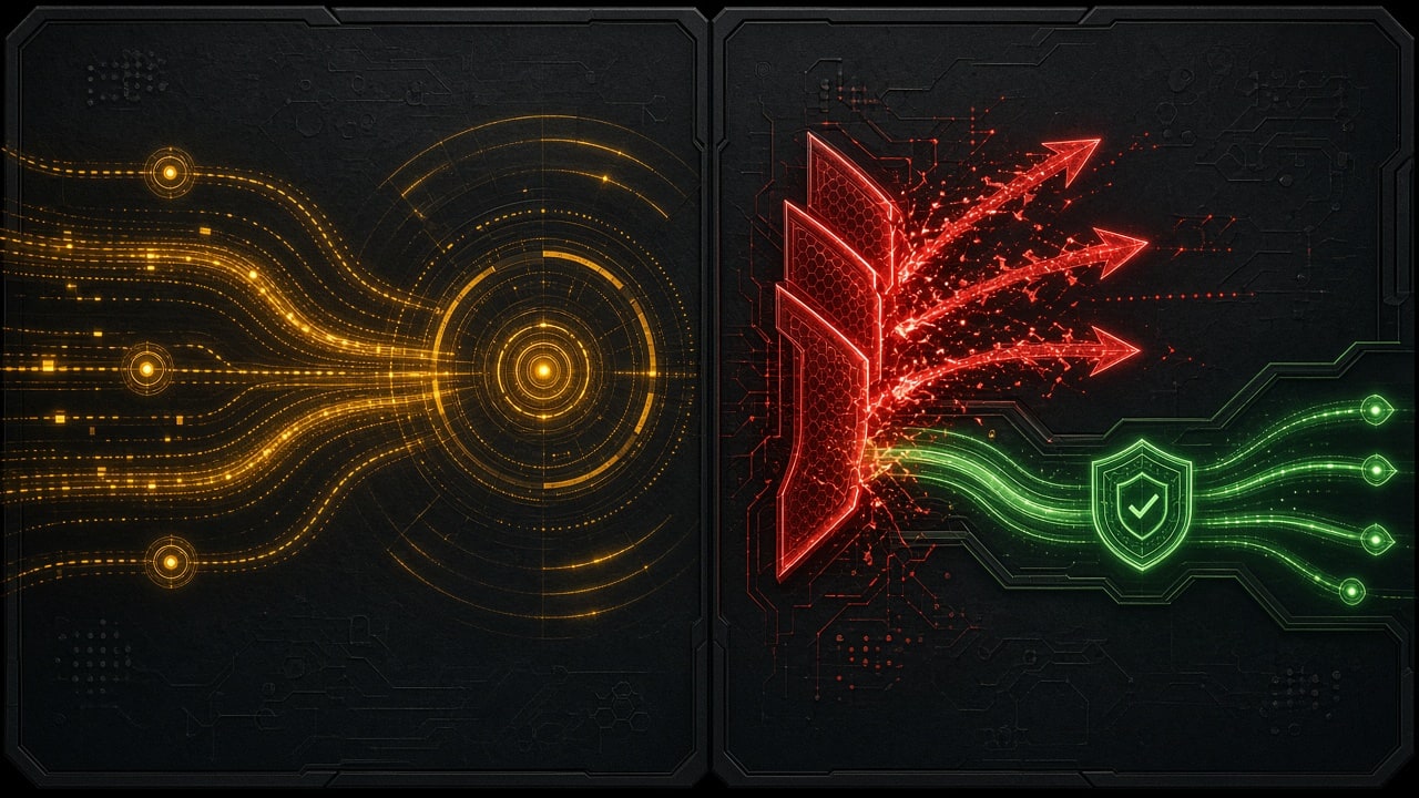 Dual comparison display of cyber defense operational modes on dark charcoal slate, no text labels