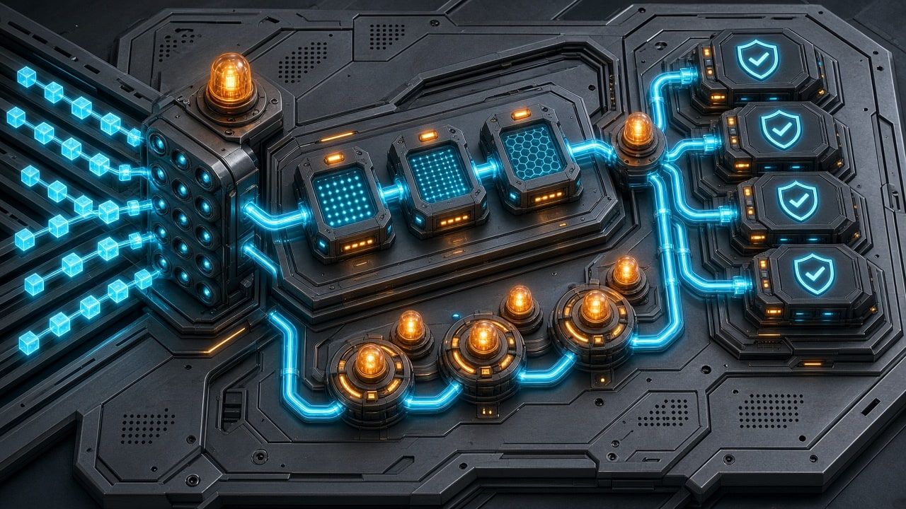 3D isometric technical pipeline of a rule tuning and false positive exception workflow on brushed gunmetal, no text labels