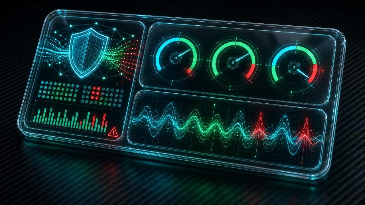 Glassmorphic cybersecurity operations telemetry HUD floating above dark carbon fiber, displaying real-time block metrics, no text labels