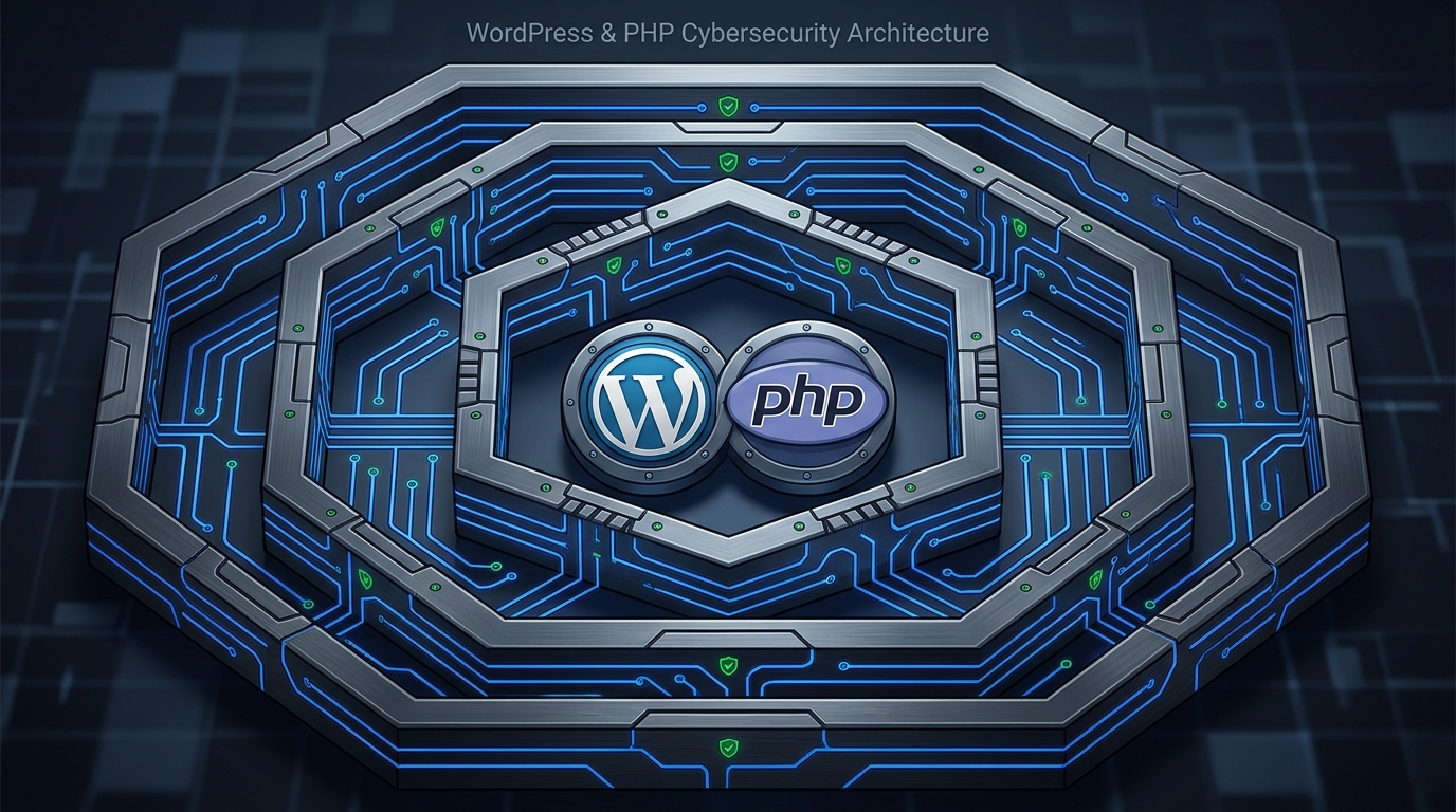 Defense in depth cybersecurity architecture featuring WordPress and PHP logos locked inside a triple-tier hexagonal steel vault