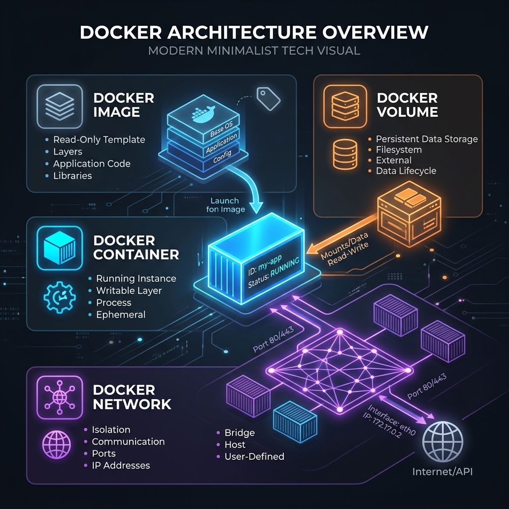Diagram infographic explaining Docker architecture including Images, Containers, Volumes, and Networks