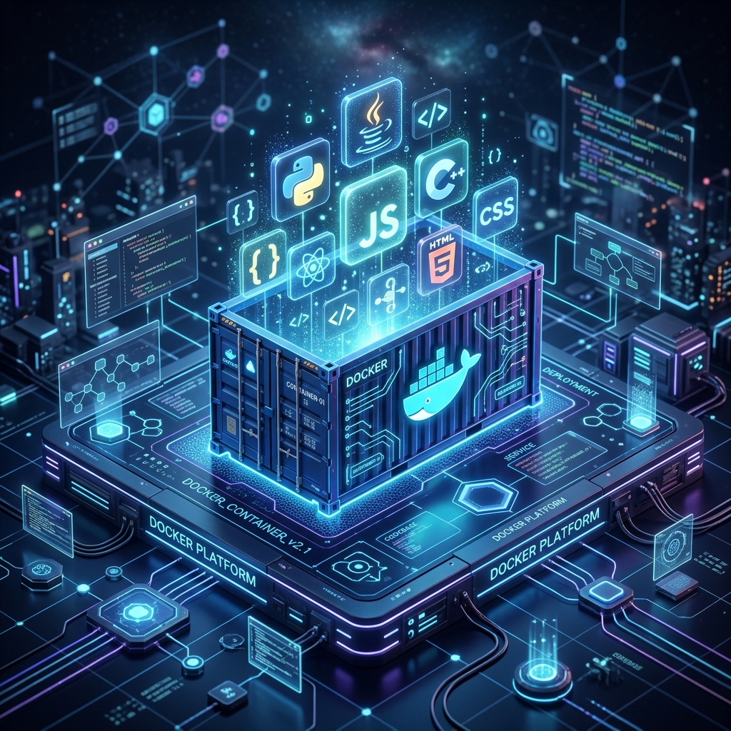 Isometric 3D illustration of a Docker container holding code icons floating on a digital platform