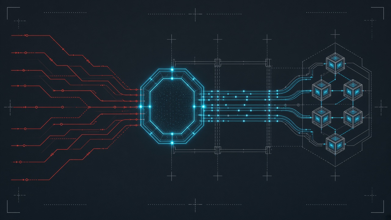 Technical vector blueprint of an isolated policy gateway filtering incoming hostile streams before reaching model cores