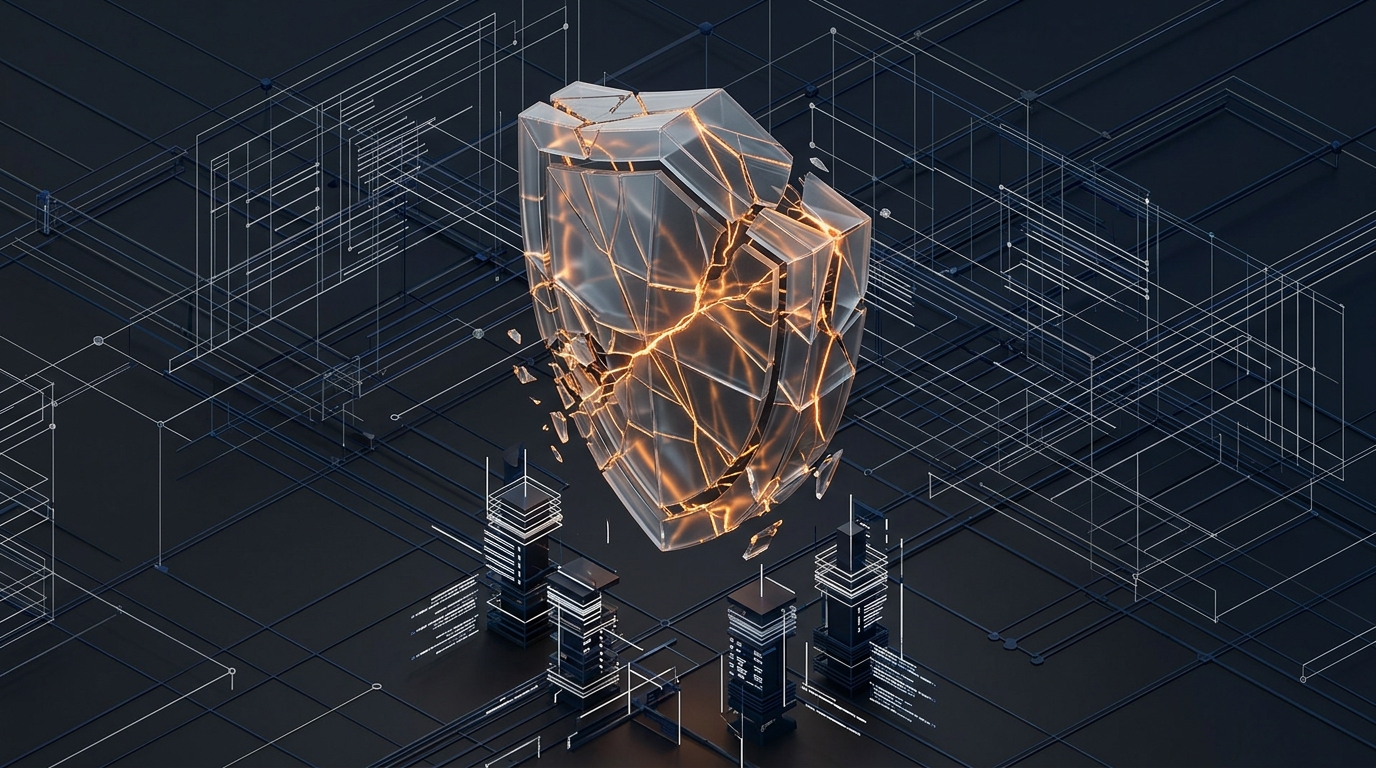 A cracked translucent geometric shield hovering in front of a layered web DOM wireframe matrix with warning nodes, no text labels