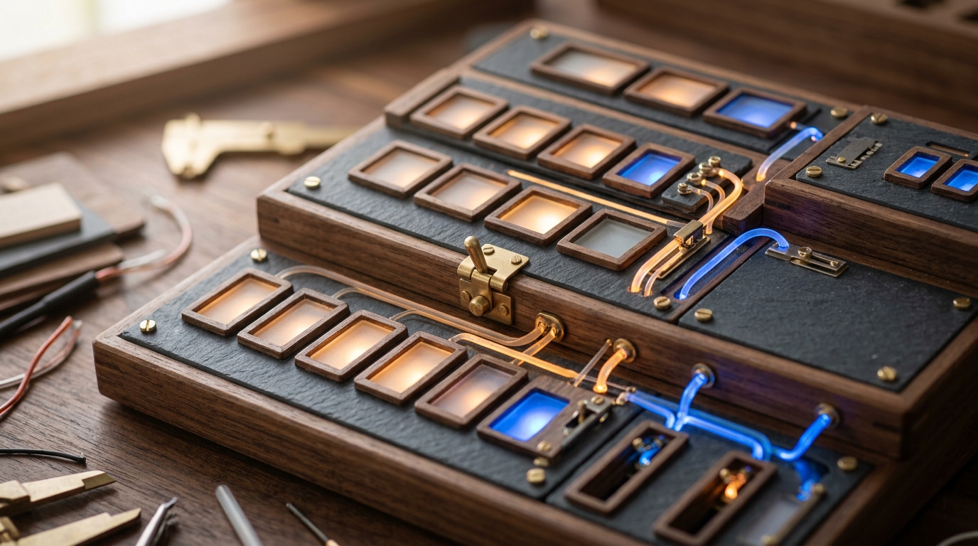 Studio still-life miniature diorama of a tactile input interface board with frosted glass panels and brass fittings on dark slate, no text labels