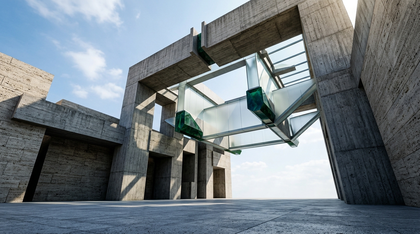 Sunlit architectural photograph of a monolithic poured concrete and travertine portal with an emerald jade focal prism and frosted glass isolation shutter under crisp morning daylight