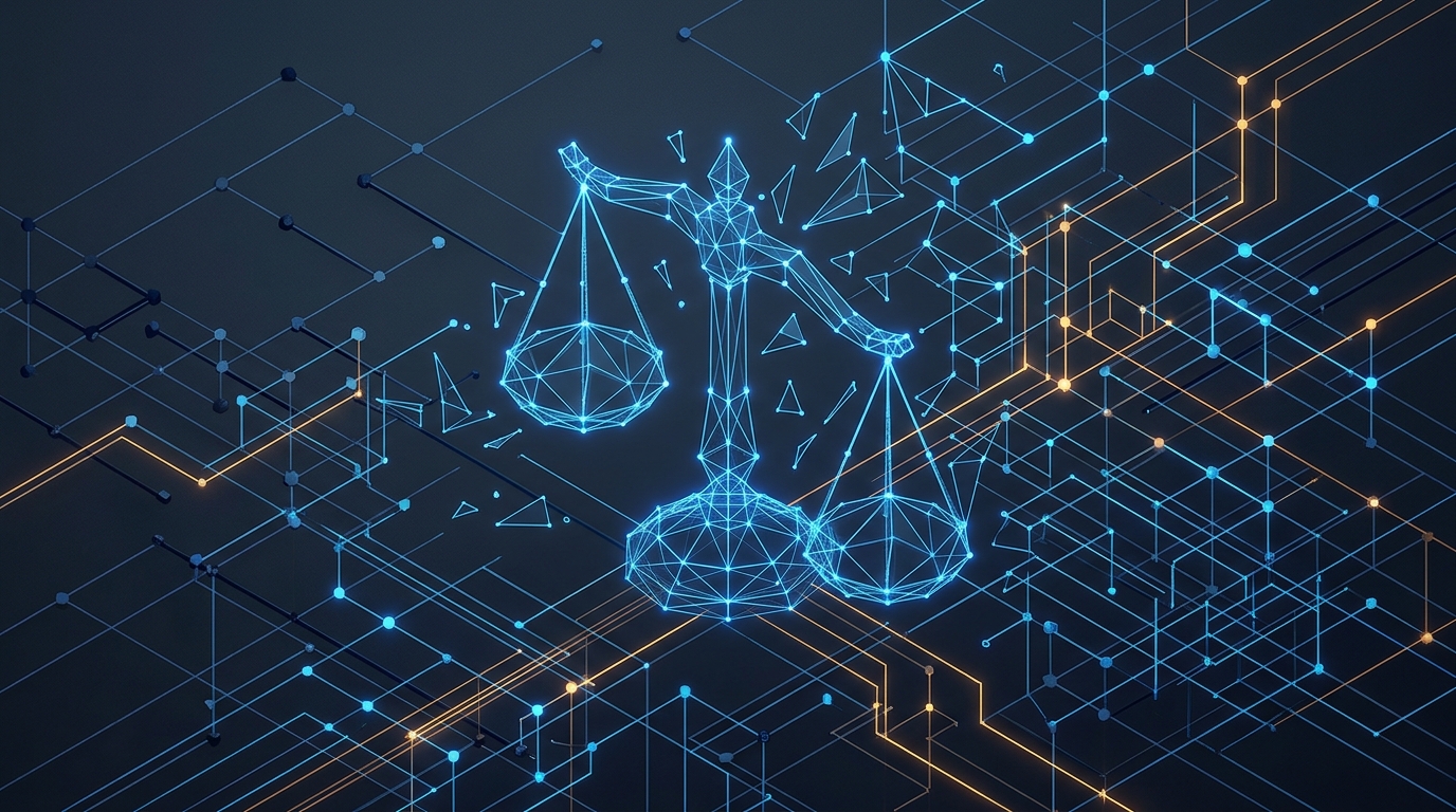 Abstract scales of justice balanced against a digital interface grid, no text labels