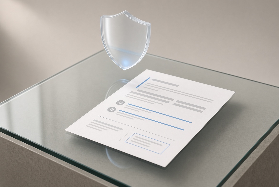 Minimal modern policy document with structured sections on a clean glass desk surface with soft ambient lighting
