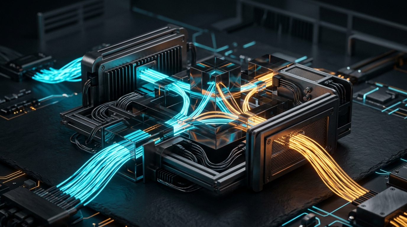 Modern abstract technology editorial studio photography of an intelligent routing nexus bridging automated algorithmic streams and human operator consoles in dark titanium and electric cyan