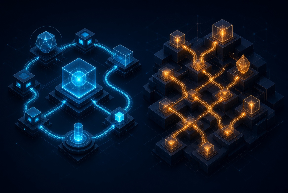 Abstract geometric visualization of dual workflow paths comparing prompt-driven AI assistant cycles and multi-step autonomous agent networks, clean minimalist design, no text labels