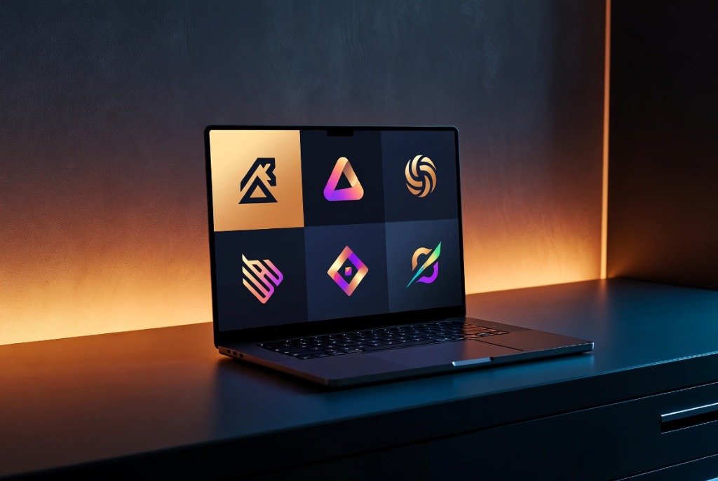 Startup founder reviewing AI-generated logo concepts on a laptop, no text labels