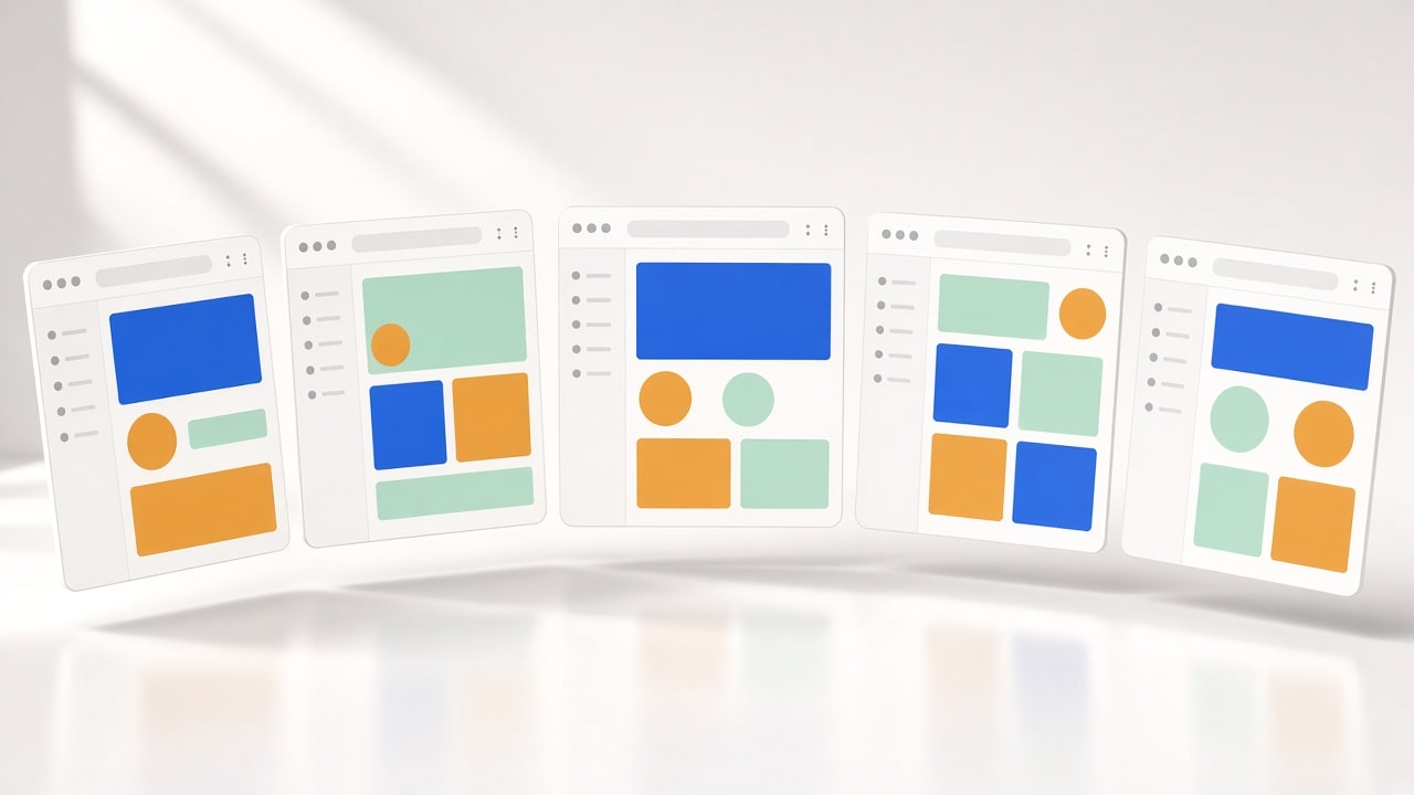 Five light-mode website builder editor windows with abstract wireframe layout blocks floating over a bright porcelain studio surface