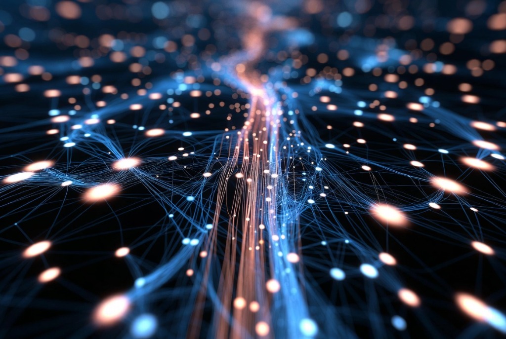 Glowing abstract network visualization showing information nodes being retrieved and synthesized into a single highlighted answer pathway