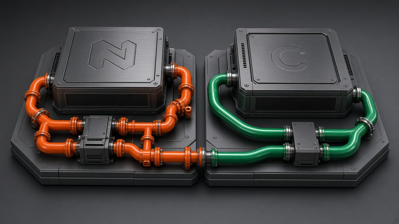 Two modern web server pipelines on dark matte gunmetal and brushed steel, Caddy automatic TLS next to Nginx manual conduits