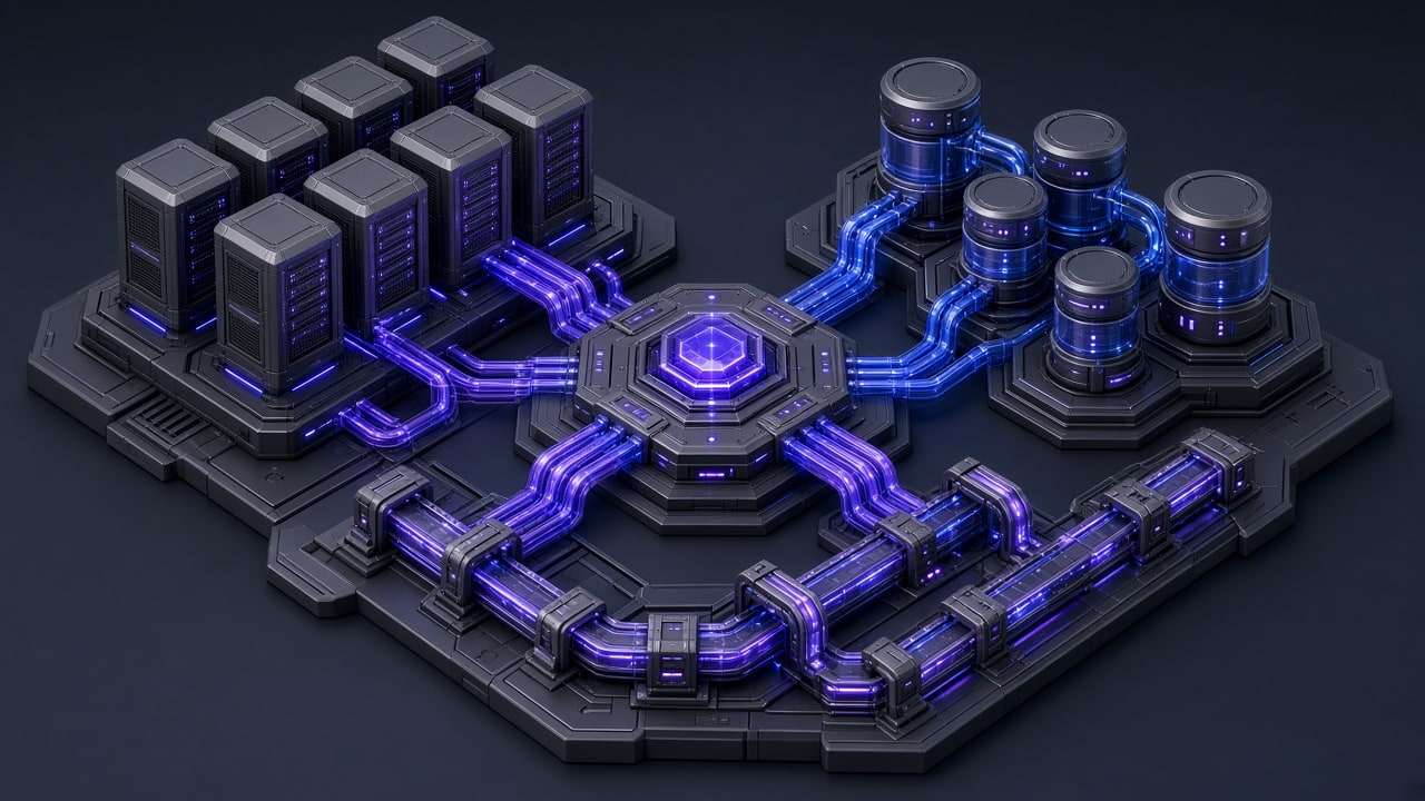 3D isometric render of a modern self-hosted platform as a service control plane on matte gunmetal and dark slate, no text labels