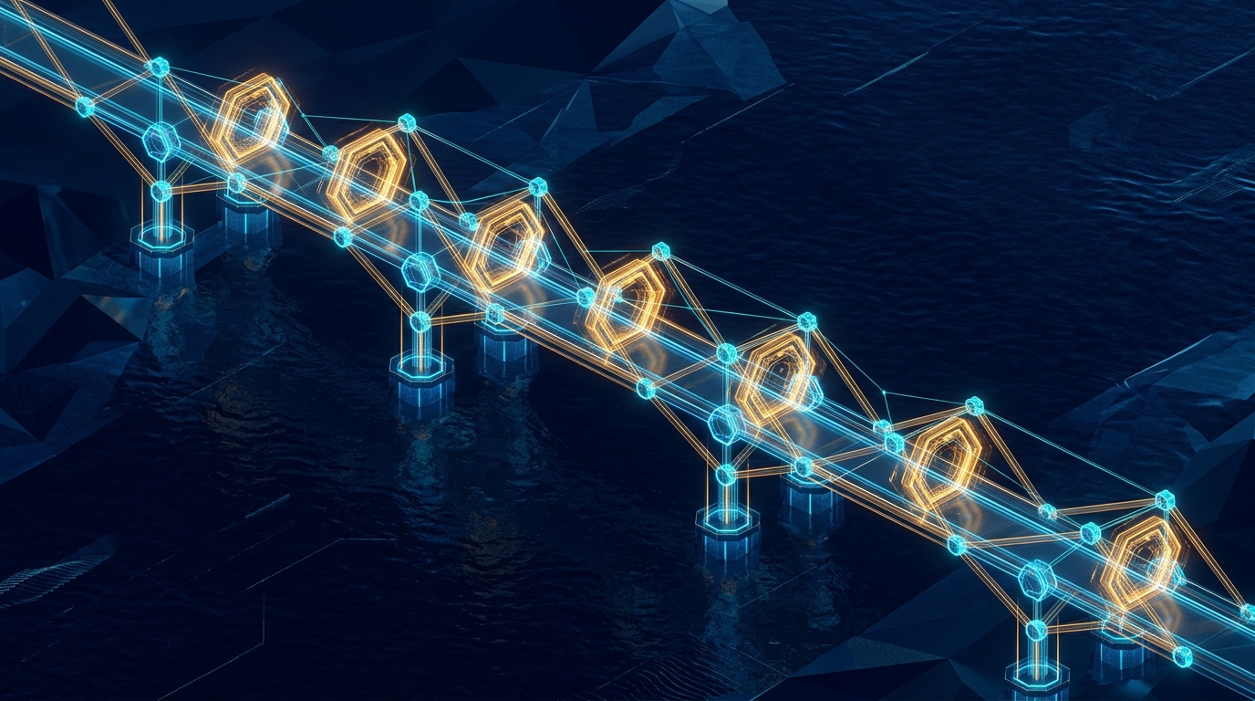 Abstract 3D architectural visualization of a glowing digital compliance bridge crossing deep navy waters with golden amber portals, no text labels