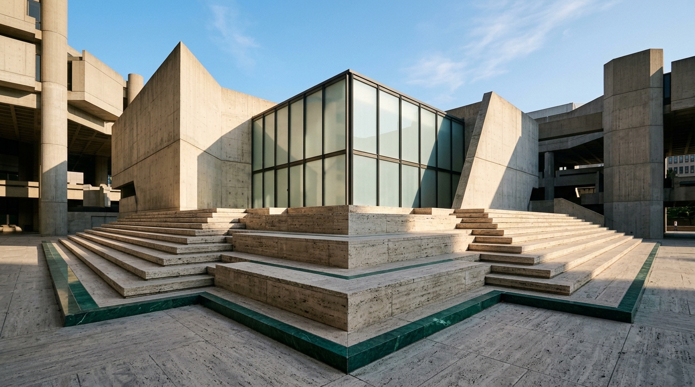 Minimalist brutalist architectural urban plaza pavilion with elevated travertine podiums and deep emerald jade boundary inlays