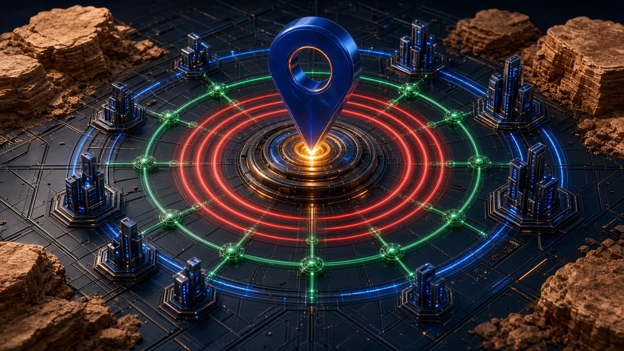 Abstract visualization of a local search map grid with three glowing nodes representing distance, relevance, and prominence
