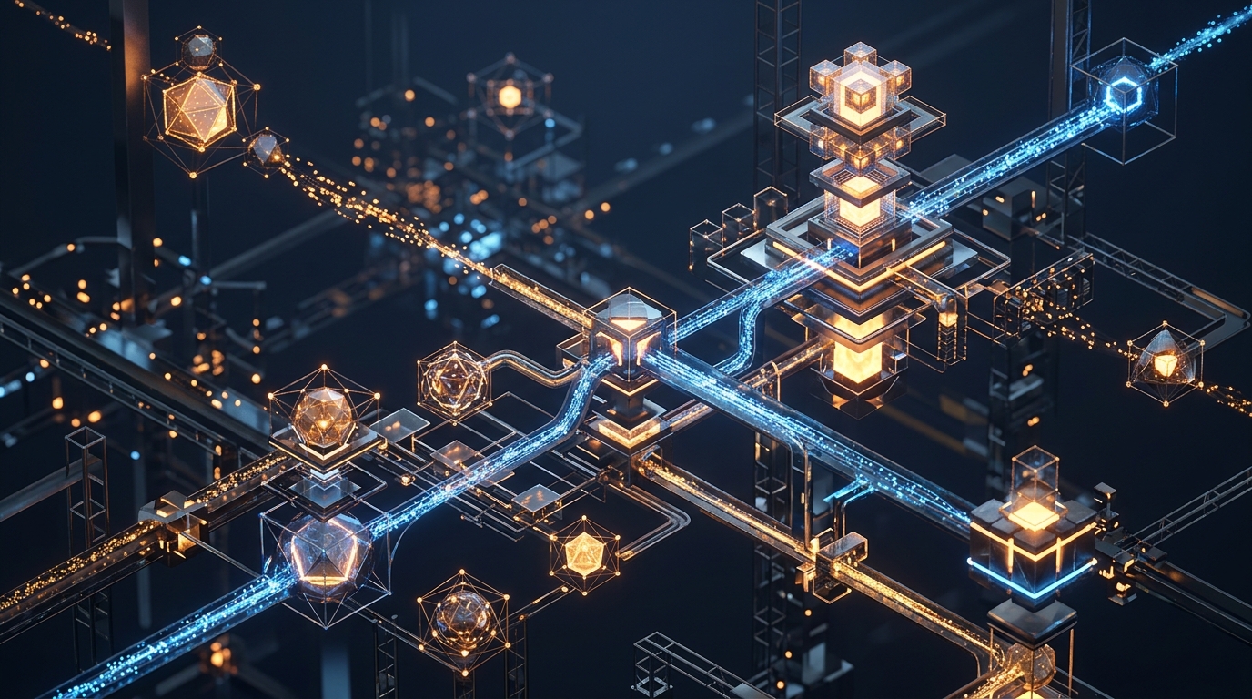 Abstract 3D architectural visualization of an AI production telemetry system with glowing token conduits, latency tracing, and cost metric lattices