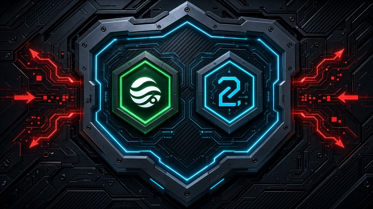 Node.js hexagon and HTTP/2 emblems encased within an armored cybersecurity defense perimeter shield with glowing electric cyan conduits and red threat vector indicators