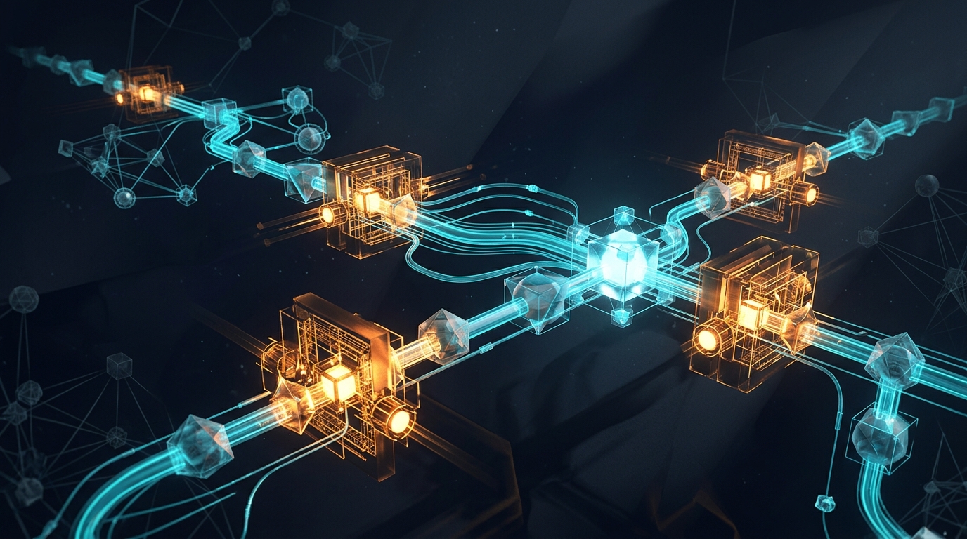 Abstract 3D architectural network visualization of an intelligent agent pipeline intersecting with illuminated human oversight checkpoints, no text labels