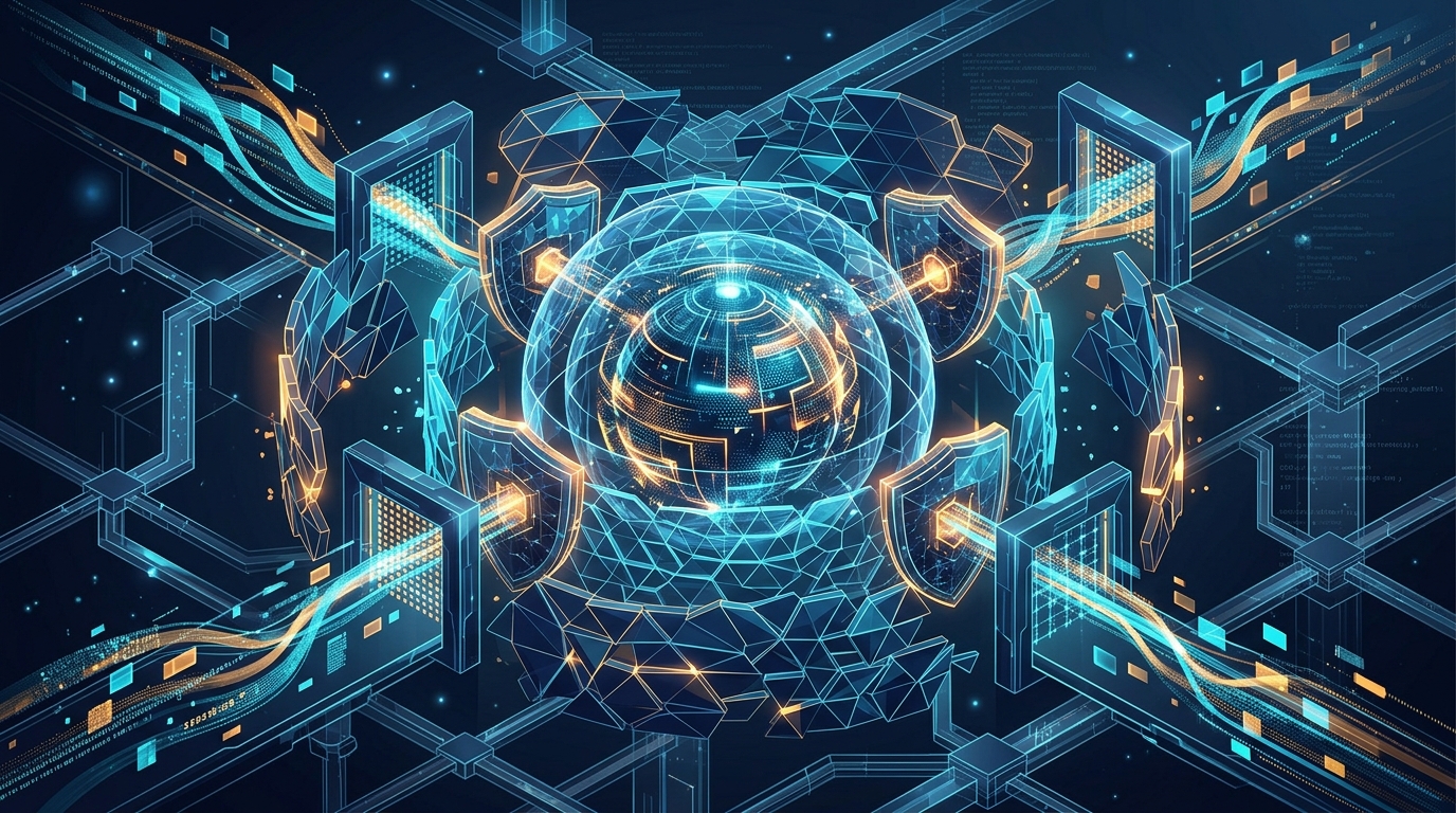 Layered digital shield checkpoints filtering data flowing into and out of a neural core, no text labels