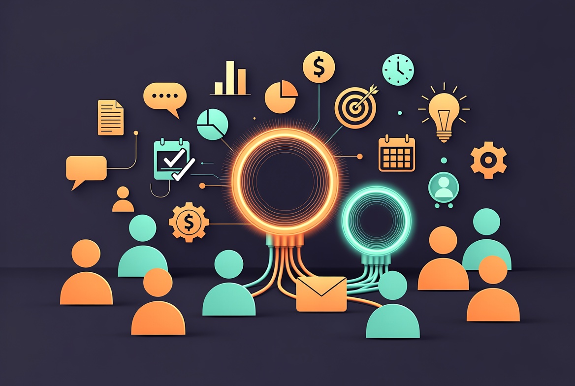 Small business team connecting AI assistant to business tools through Model Context Protocol, clean modern workspace, no text labels