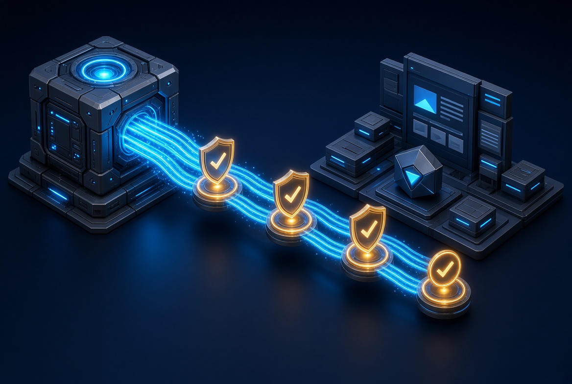 Conceptual technical vector graphic representing website migration data transfer and SEO redirection