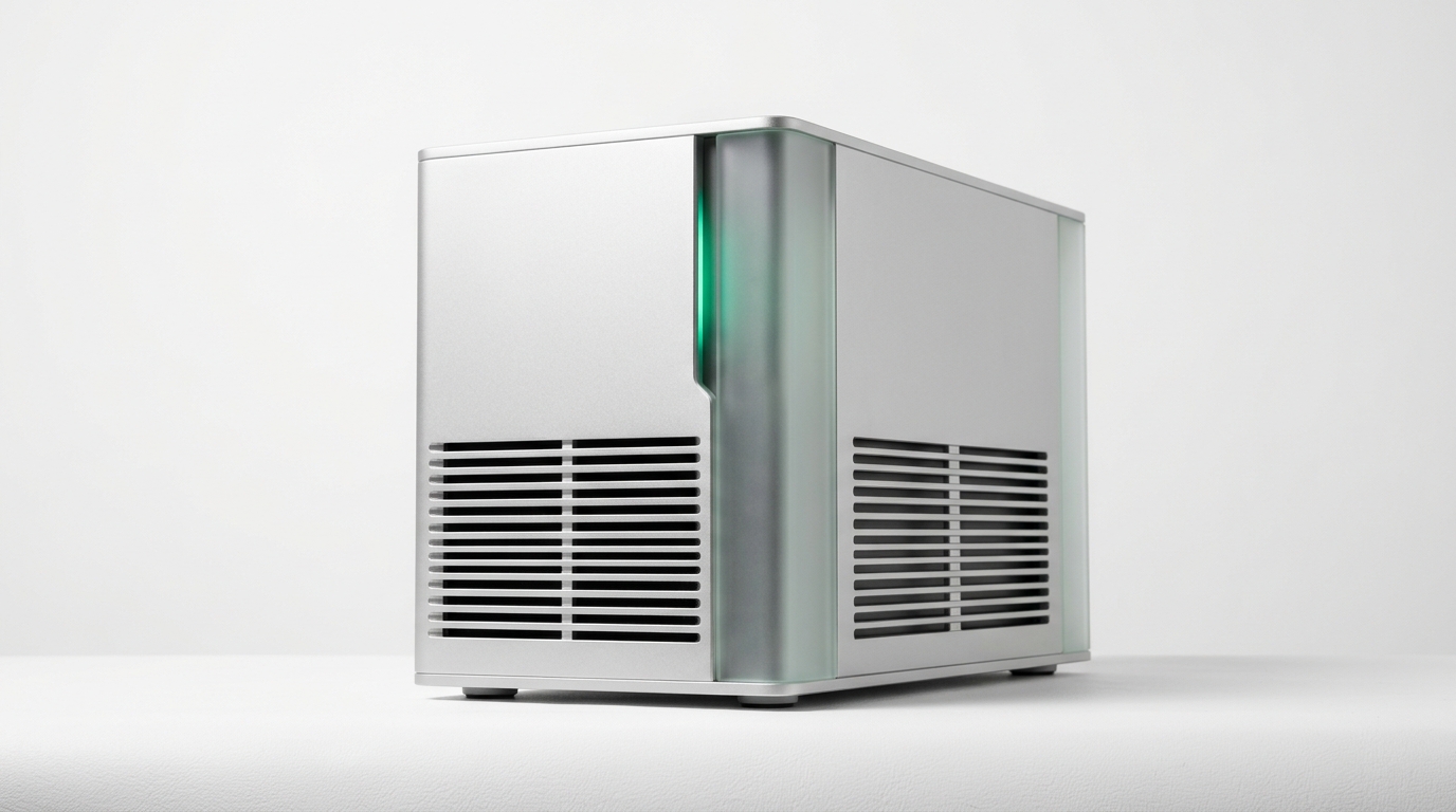 Minimalist desktop AI inference accelerator workstation chassis in bead-blasted silver aluminum and frosted structural glass with recessed emerald indicators