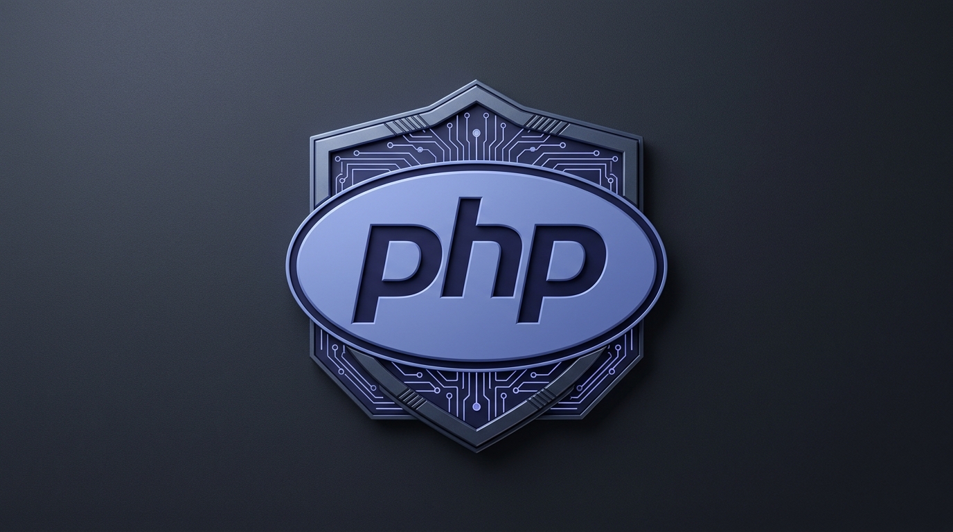 Minimalist horizontal oval emblem inspired by the classic PHP logo silhouette encased within a precision geometric cybersecurity defense perimeter shield