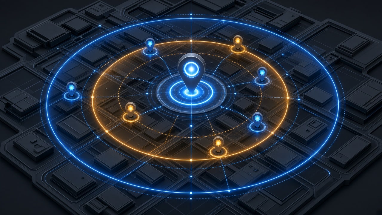 Modern 3D isometric technical visualization of a local service-area business digital map grid on dark graphite and architectural slate with glowing cobalt blue and warm amber service radius boundary zones, no text labels