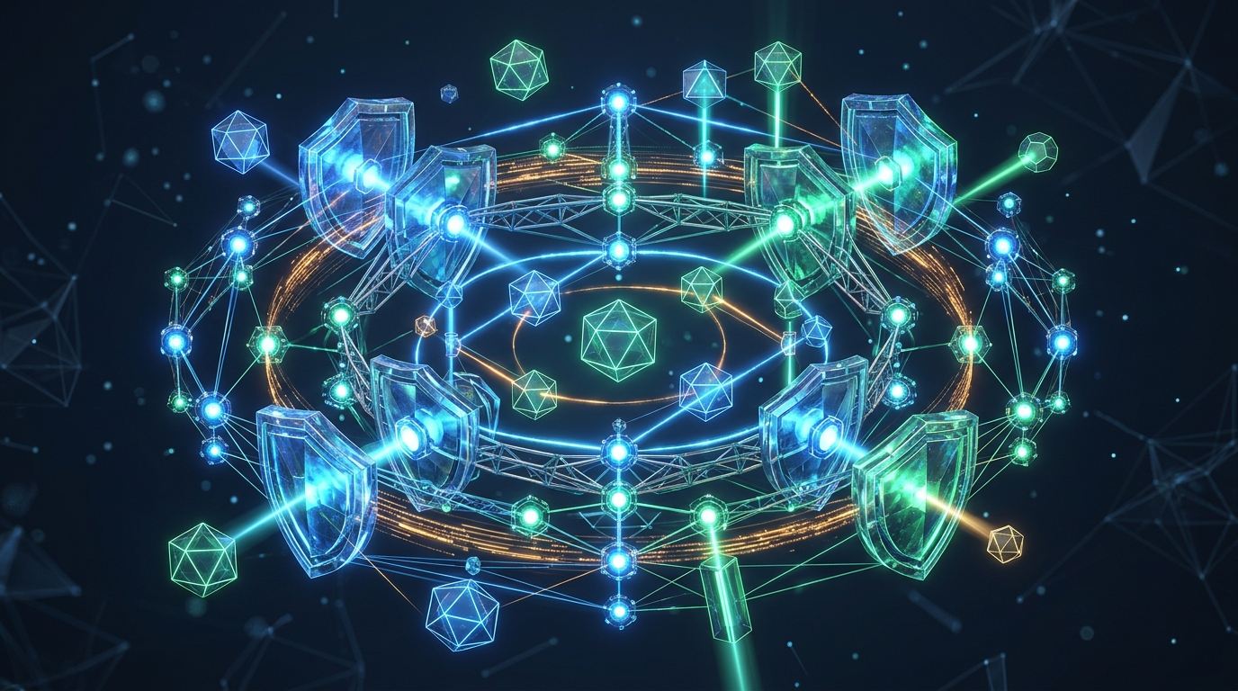 Abstract 3D digital art composition representing AI governance and operational control in a secure loop with multifaceted crystal shields