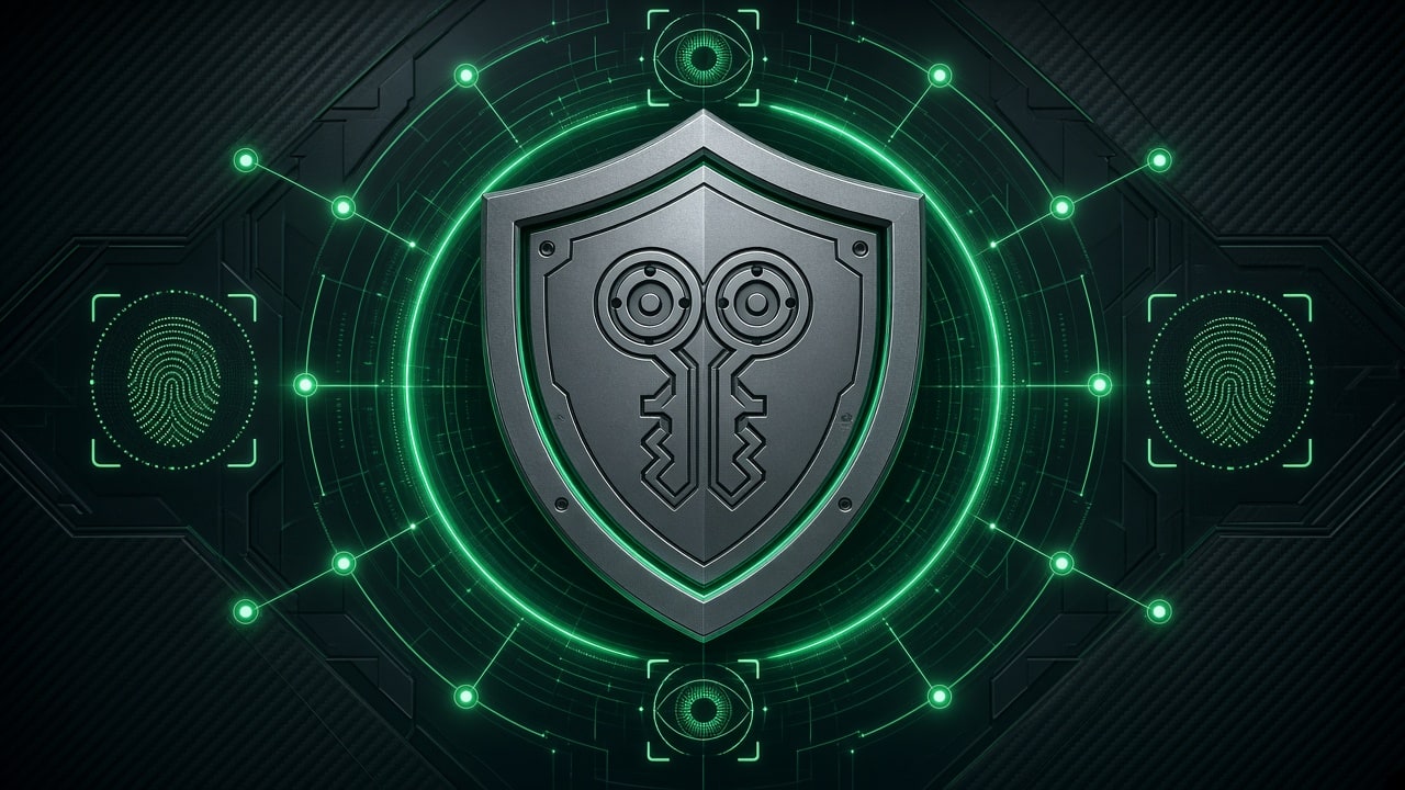 Titanium digital vault shield emblem engraved with a dual-key security icon surrounded by glowing emerald green defensive perimeters and biometric network node rings