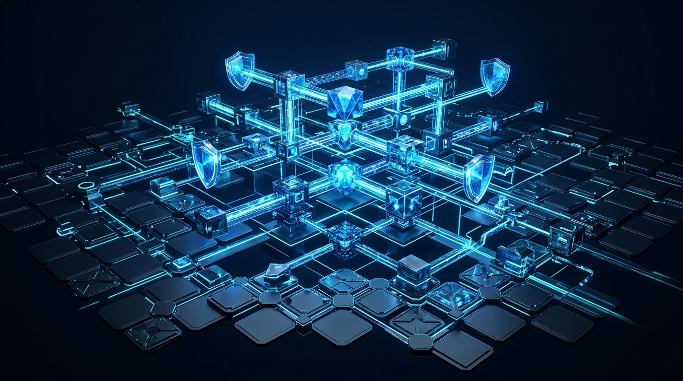 Abstract 3D digital art visualizing SOC 2 compliance architecture and trust service criteria