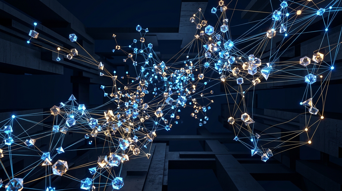 Abstract 3D architectural visualization of an interconnected semantic data graph with glowing geometric nodes and floating crystal polyhedra in electric blue and warm amber, no text labels